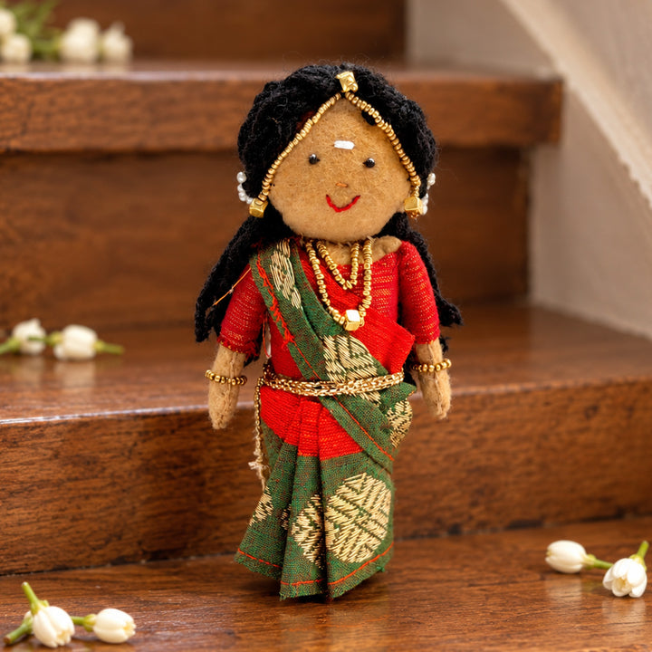"Janaki" Handmade Felt & Fabric Golu Doll In Saree With Gajra For Festive Decor