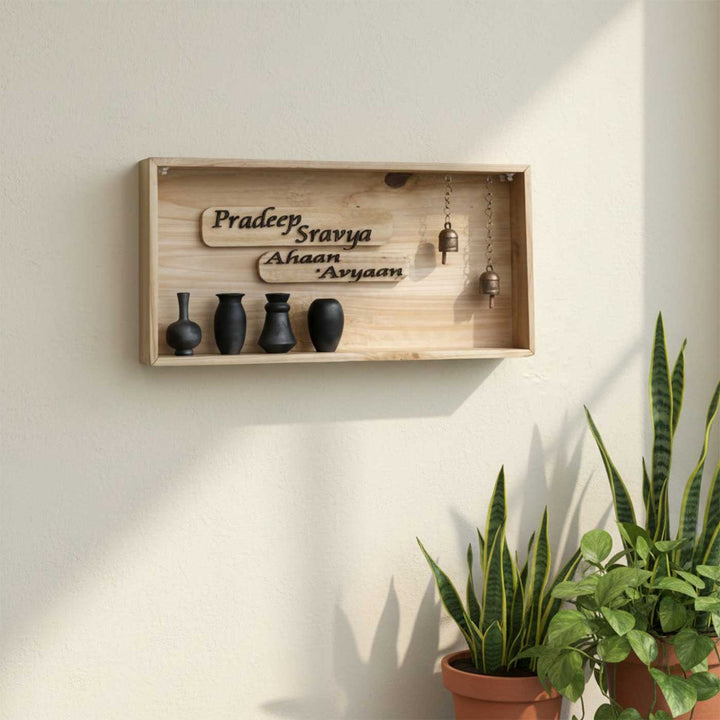 Personalized Shadowbox Pinewood Name Plate With Mini Pots & Copper Bells For Home