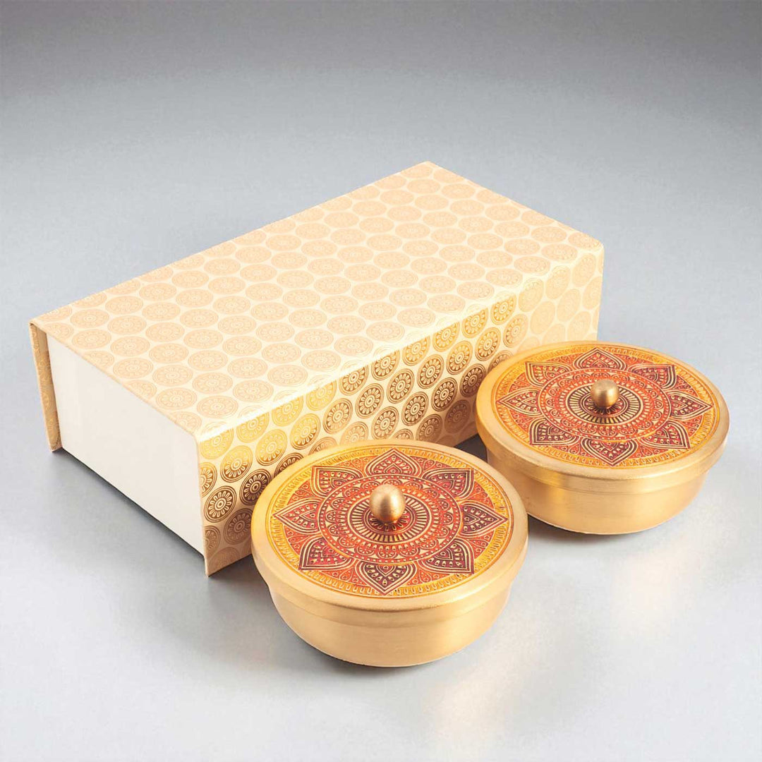 Hand-Painted Puri Brass Gift Hamper | Includes 2 Containers And 1 Gift Box