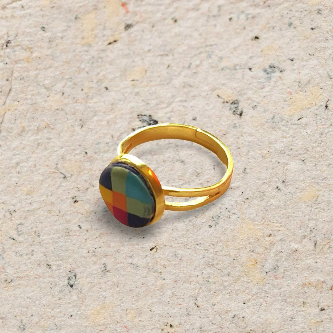Handmade Polymer Clay Madras Fabric Check Design Ring