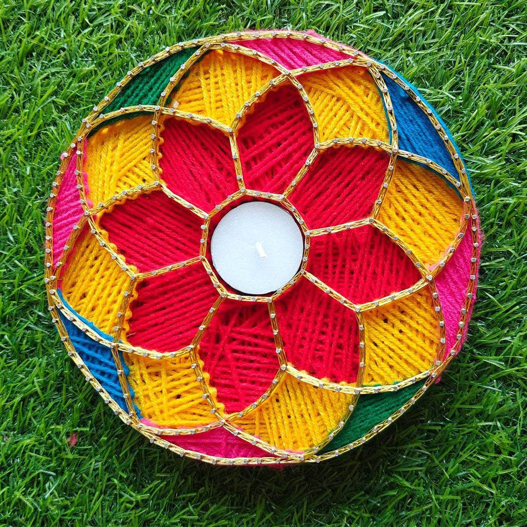Handmade String Art Flower Design Wooden Tealight Holder With Tealight Candle