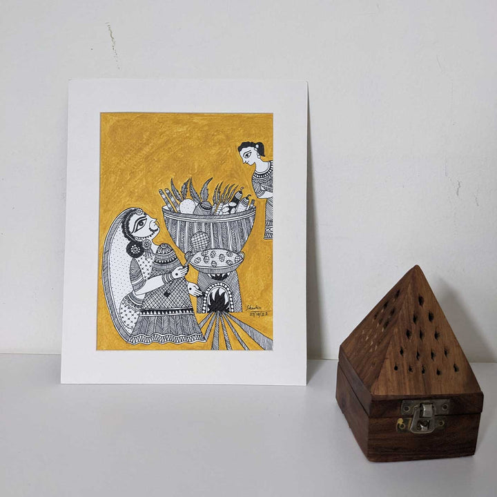 7 x 9  Inch | Sacred Light of Chhath | Original Hanpainted Madhubani  Painting | Natural Colors On Paper