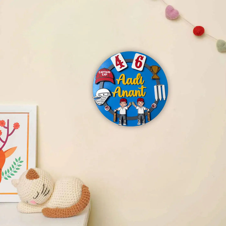 Personalized Cricket Theme MDF Wood Kids Name Plate For Siblings