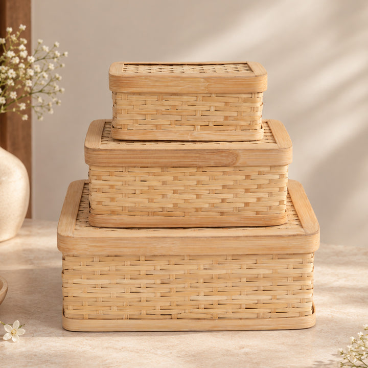 Set Of 3 "Sora" Handcrafted Close Weave Bamboo Rectangular Gift Box For Storage And Gifting