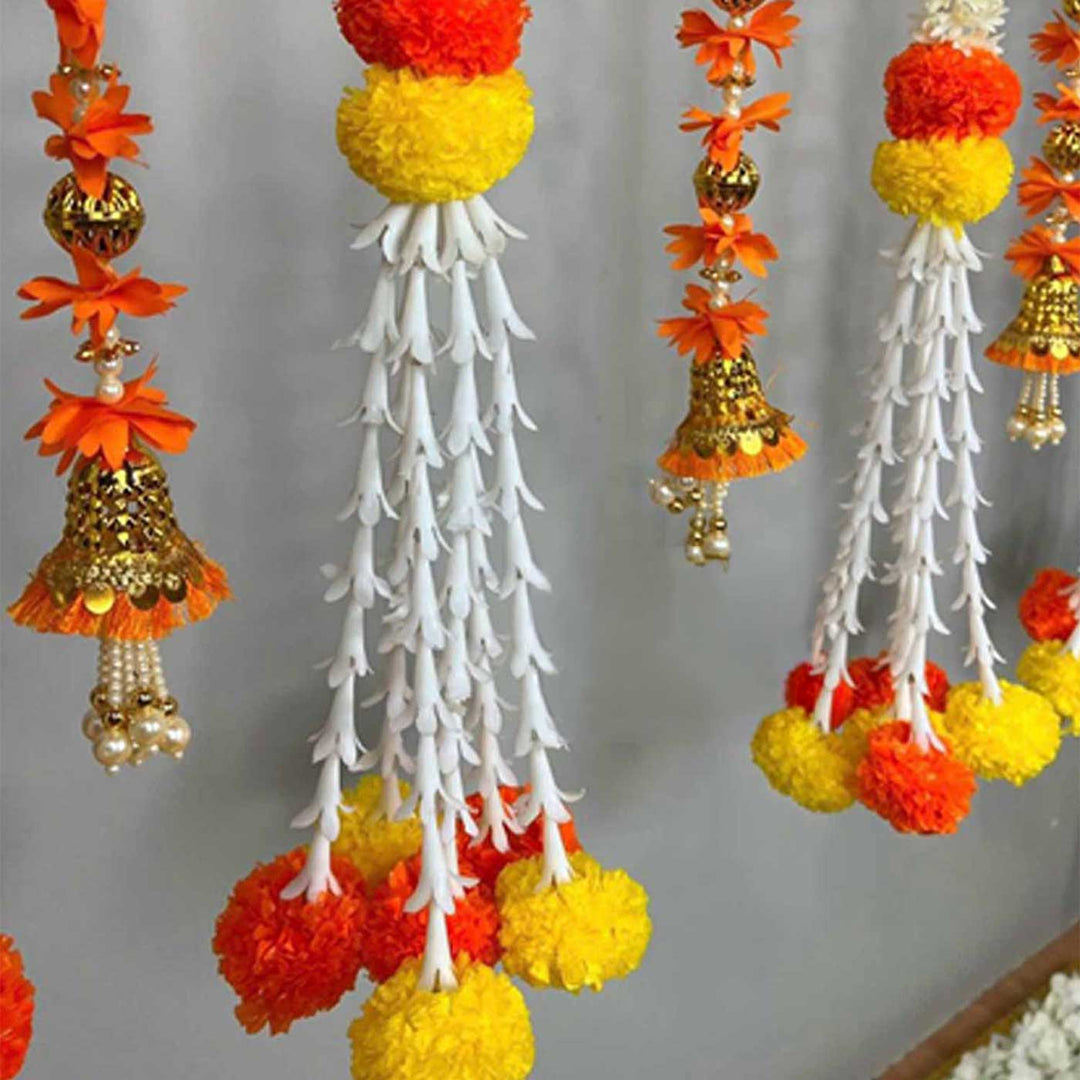 Traditional Orange Tassel Backdrop Decor Kit With Off-White Drape & Jasmine-Marigold Garlands