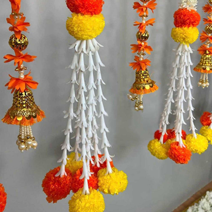 Traditional Orange Tassel Backdrop Decor Kit With Off-White Drape & Jasmine-Marigold Garlands