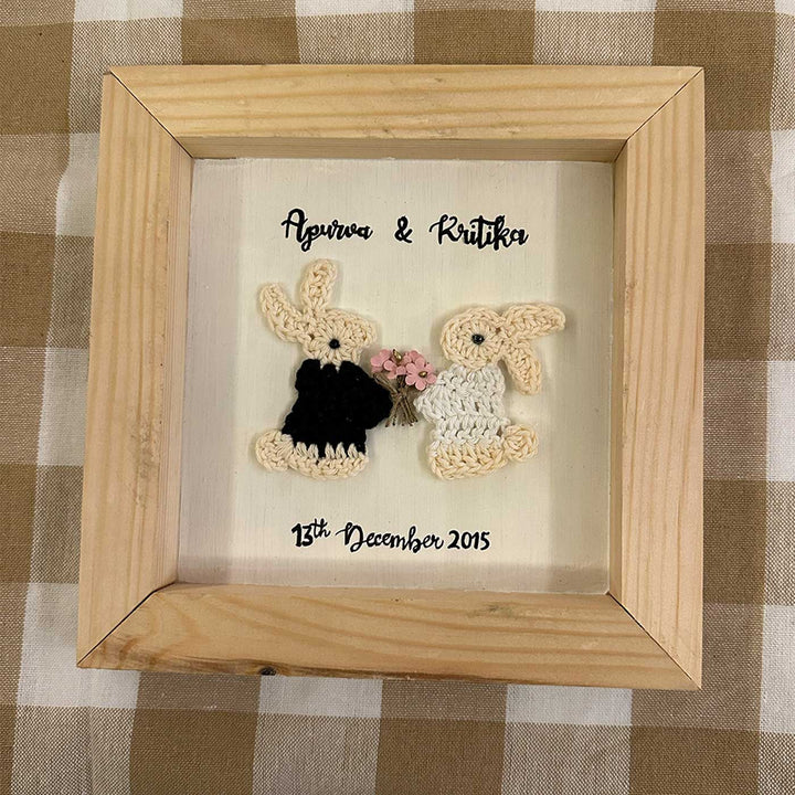 Personalized Handmade Crochet Bunny Wooden Plaque For Couples