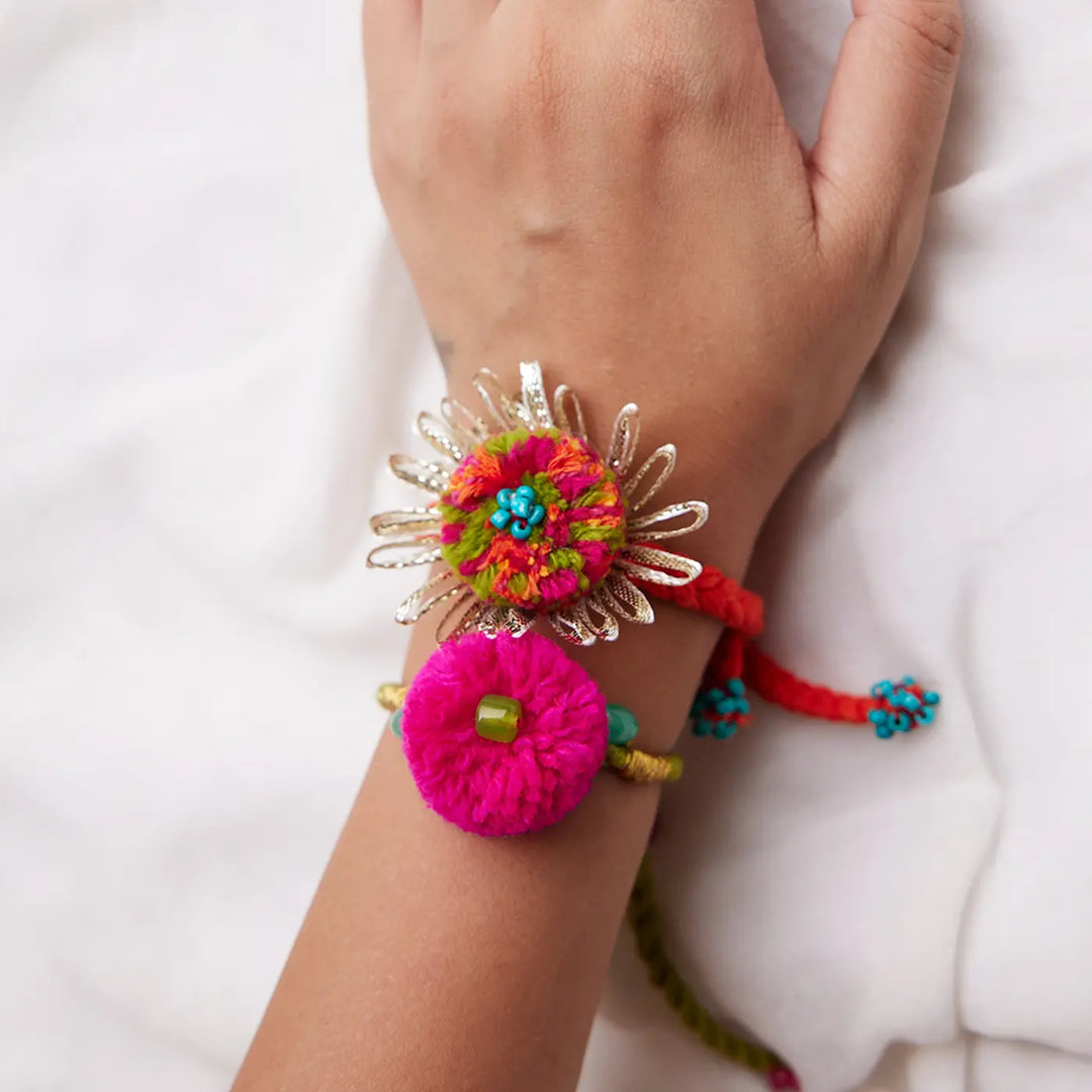 2 pc Rakhi + Brass Thali Set | Premium Cucckoo Beaded Pom Pom Rakhi Set with Roli Chawal