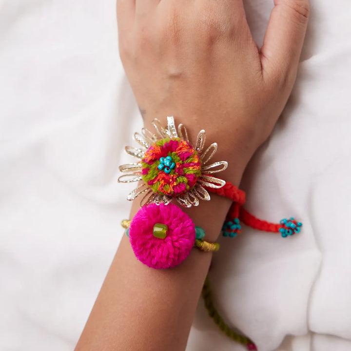 2 pc Rakhi + Brass Thali Set | Premium Cucckoo Beaded Pom Pom Rakhi Set with Roli Chawal