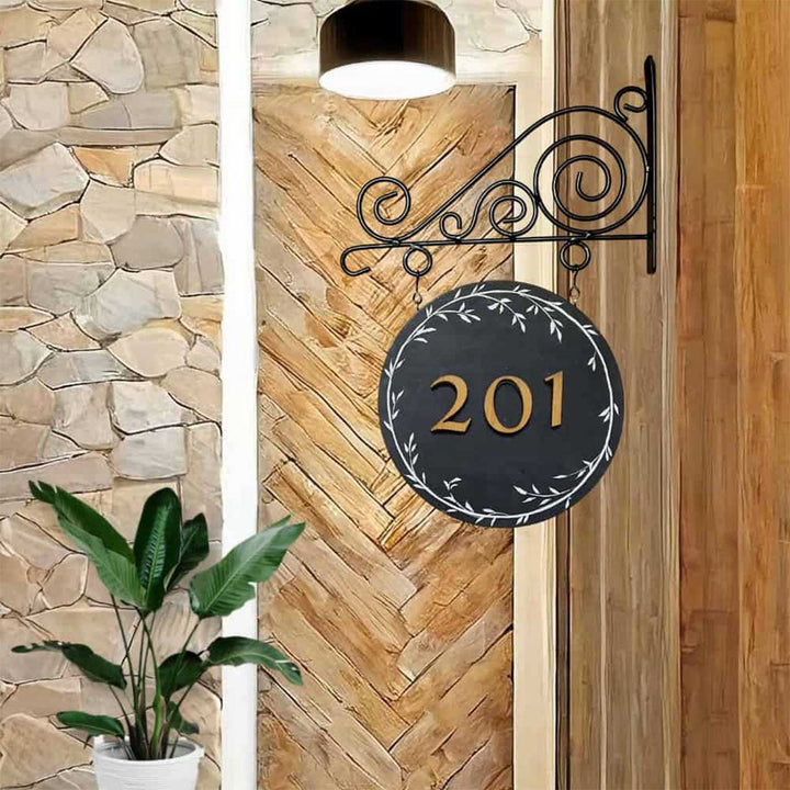 Personalized Hand Painted Grey Wood And Metal Name Plate - Mounted on Entryway Wall Side View