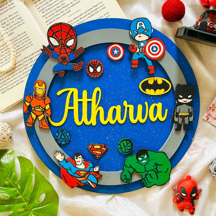 Personalized Hand Painted Superhero Mdf Wood Kids Name Plate - Top Down View Showing Personalization