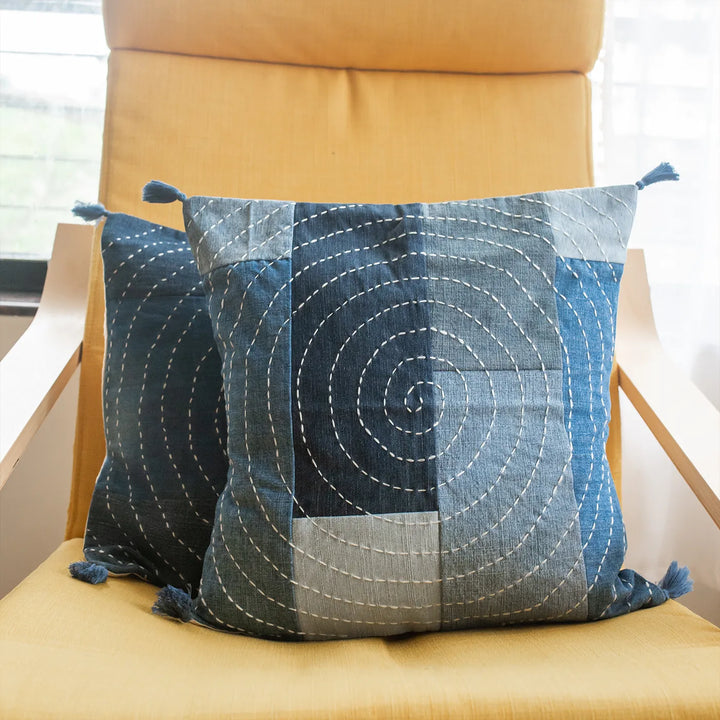 Upcycled Hand Embroidered Denim Spiral Eco-Friendly Cushion Cover | Set Of 2