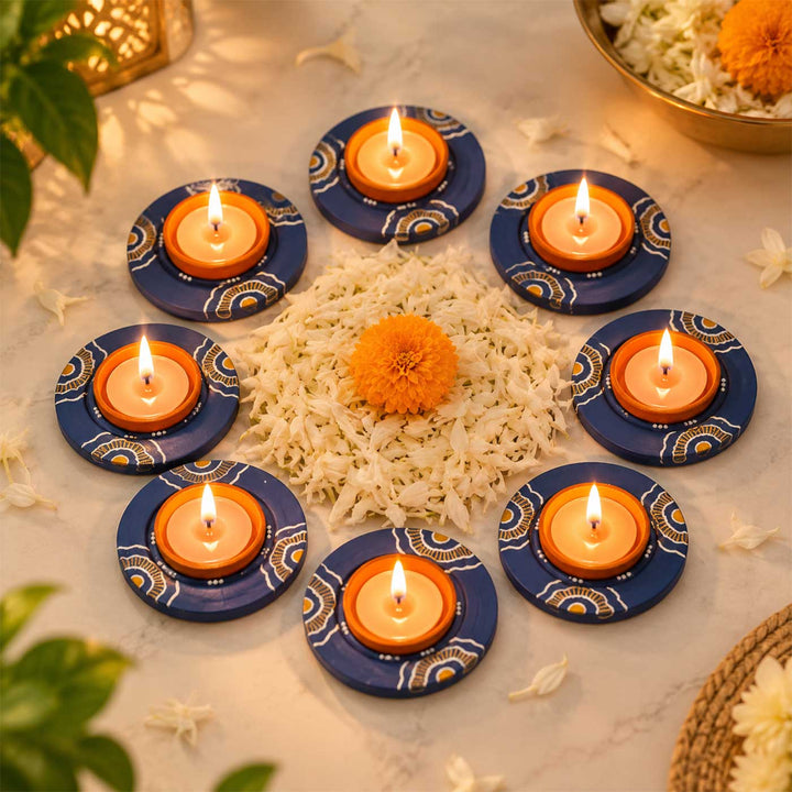 Set of 8 | "Blue Bloom" Hand-Painted Terracotta Disc Diya Tealight Holders For Festive Decor