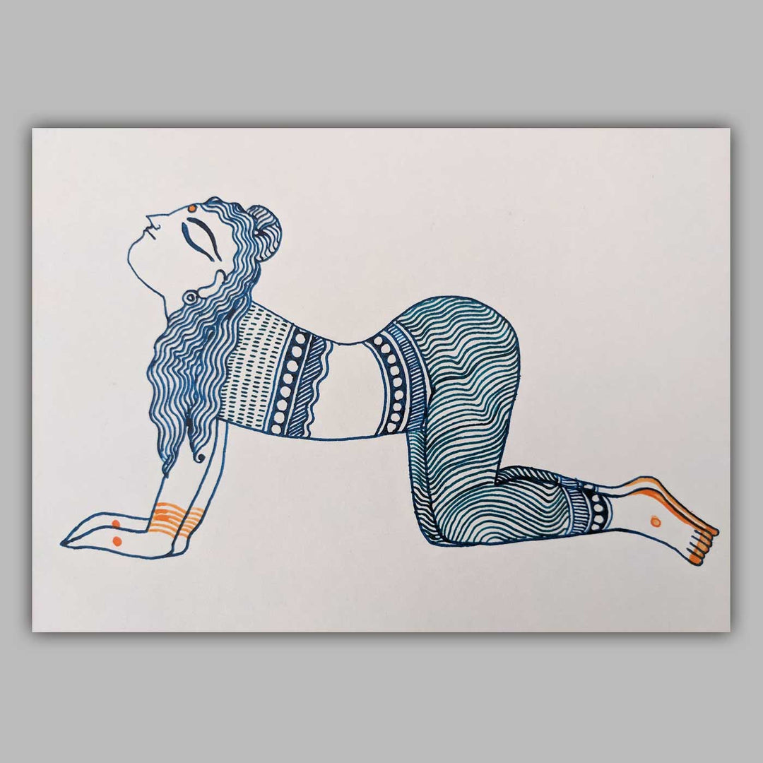 6 x 9 Inch | Marjaryasan Yoga Pose | Minimalist Black & White Mudhubani Style Line Drawing With Frame