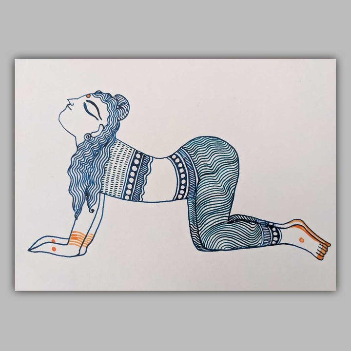 6 x 9 Inch | Marjaryasan Yoga Pose | Minimalist Black & White Mudhubani Style Line Drawing With Frame