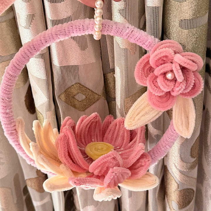 Handmade Lotus & Rose Flower Ring Pipe Cleaner Tealight Hanging with Pearl Loop