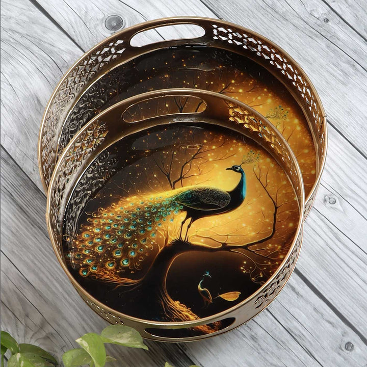 Handmade Black Peacock Set Of Metal Tray | Set Of 2