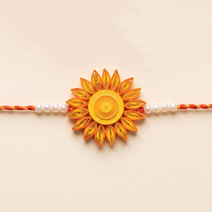 Handmade Paper Quilled Sun Themed Rakhi With Roli Chawal For Brother