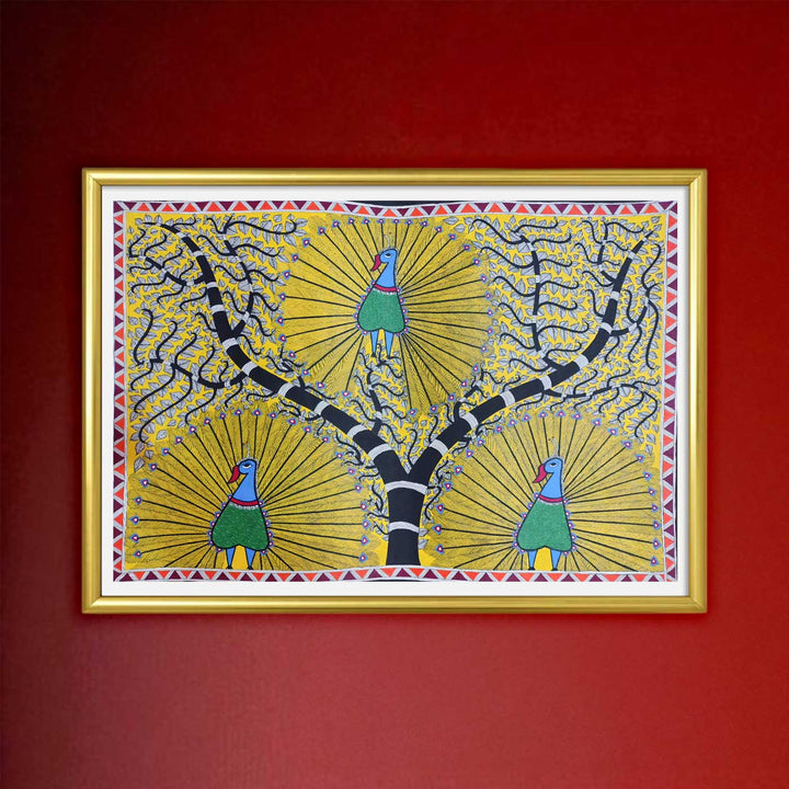 22 x 30 Inch | Peacock Trio | Original Hand Painted Madhubani Painting | Natural Pigments On Paper