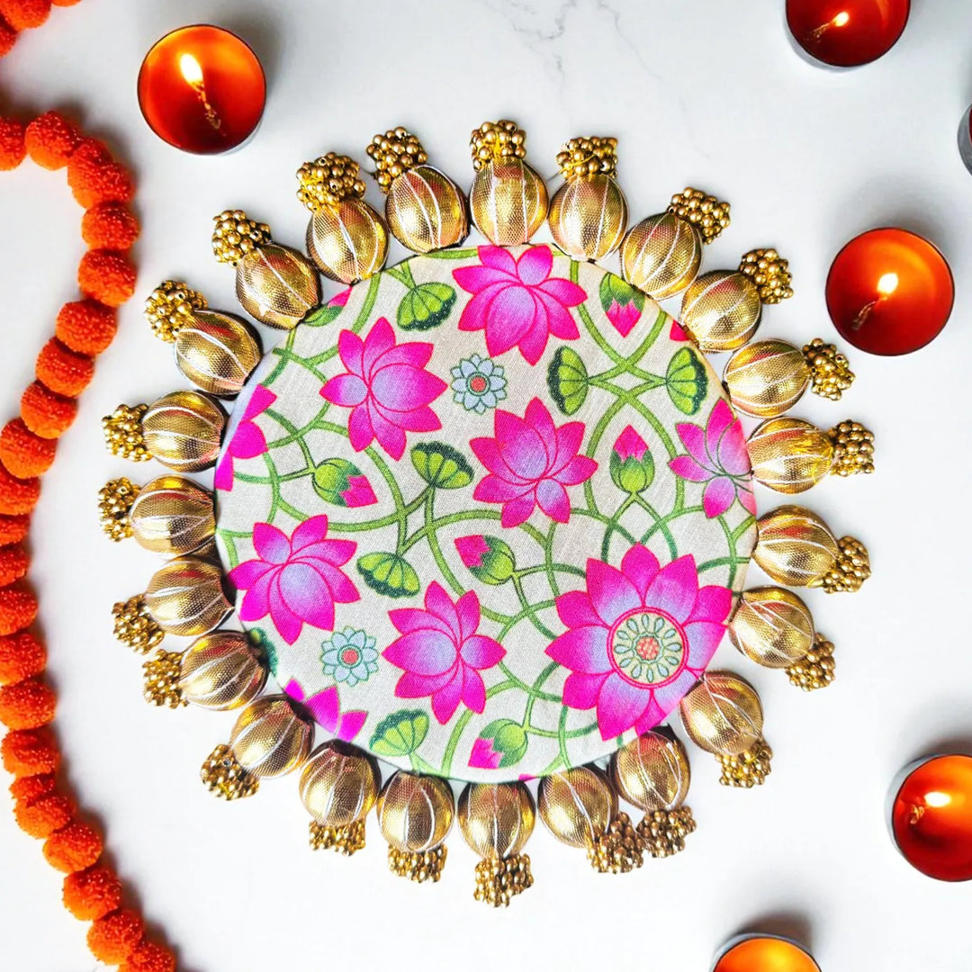 8 Inch | Handmade Gota Patti Round Pink Lotus Rangoli Mat