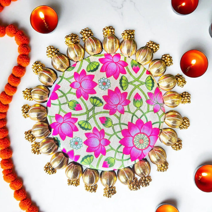8 Inch | Handmade Gota Patti Round Pink Lotus Rangoli Mat