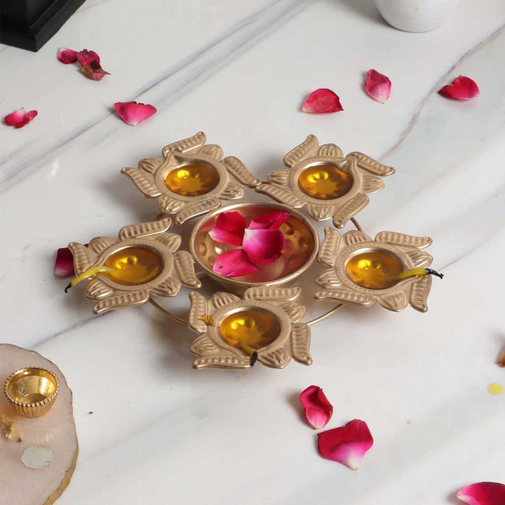 Handmade Etched Swastik Urli With 5 Diya Round For Festive Decor