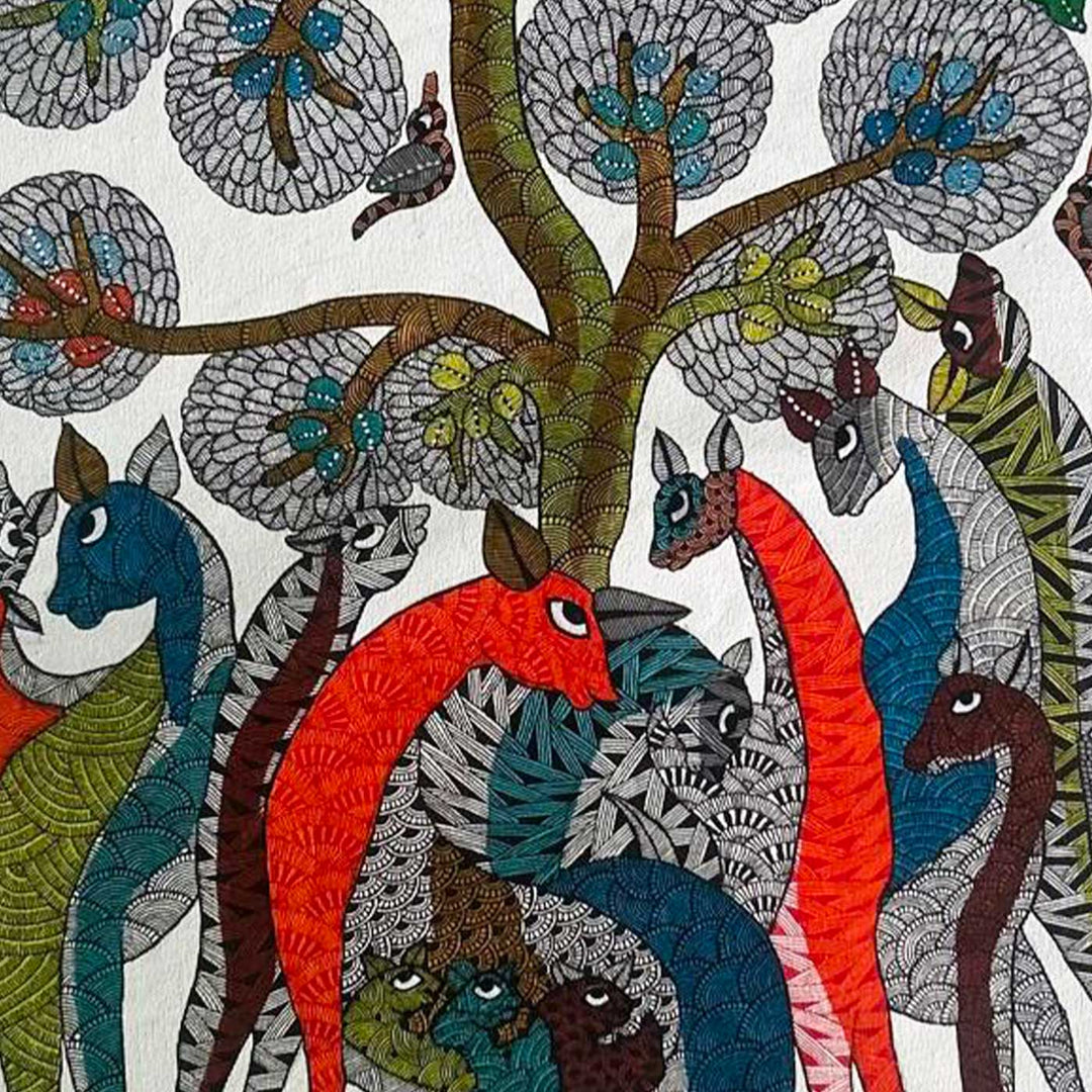 24 x 36 Inch | Shelter of the Wild | Original Hand Painted Tribal Gond Art Painting | Acrylic Paints On Paper