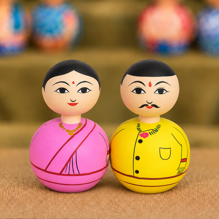 Set of 2 | Hand-Painted Pink & Yellow Bobble Head Couple Wooden Golu Dolls For Gifting & Decor