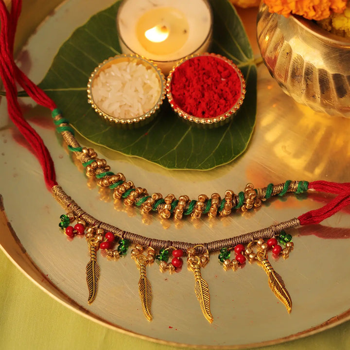 Handmade Embellished Red & Green Bhaiya Bhabhi Rakhi With Roli Chawal | Set Of 2