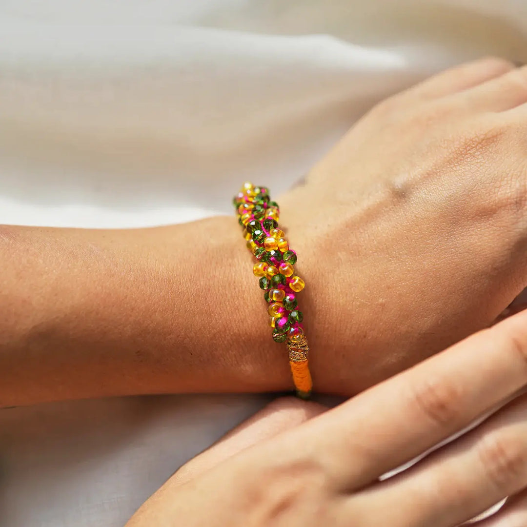 2 pc Rakhi + Brass Thali Set | Premium Barfi Beads & Pom Pom Rakhi Set with Roli Chawal