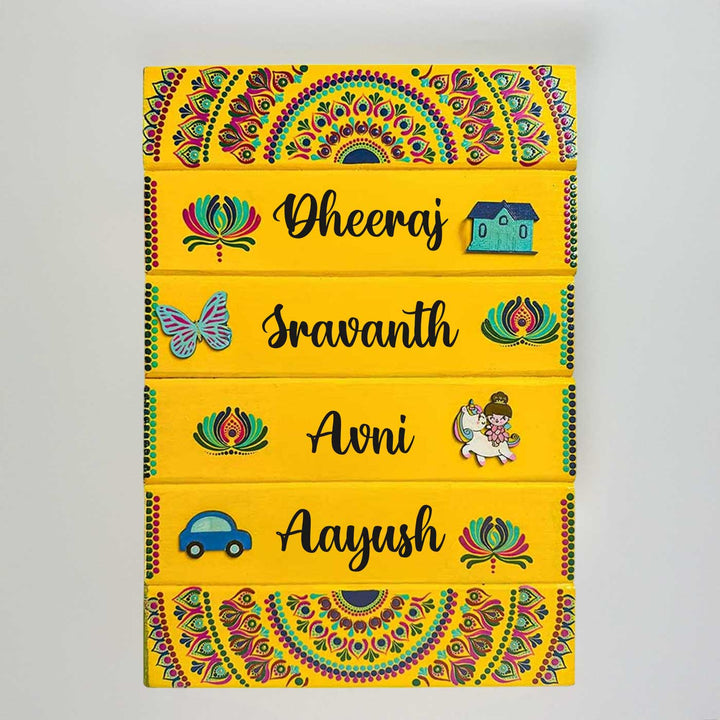 Personalized Hand-Painted Dot Mandala Yellow Vertical Mdf Wood Name Plate For Family