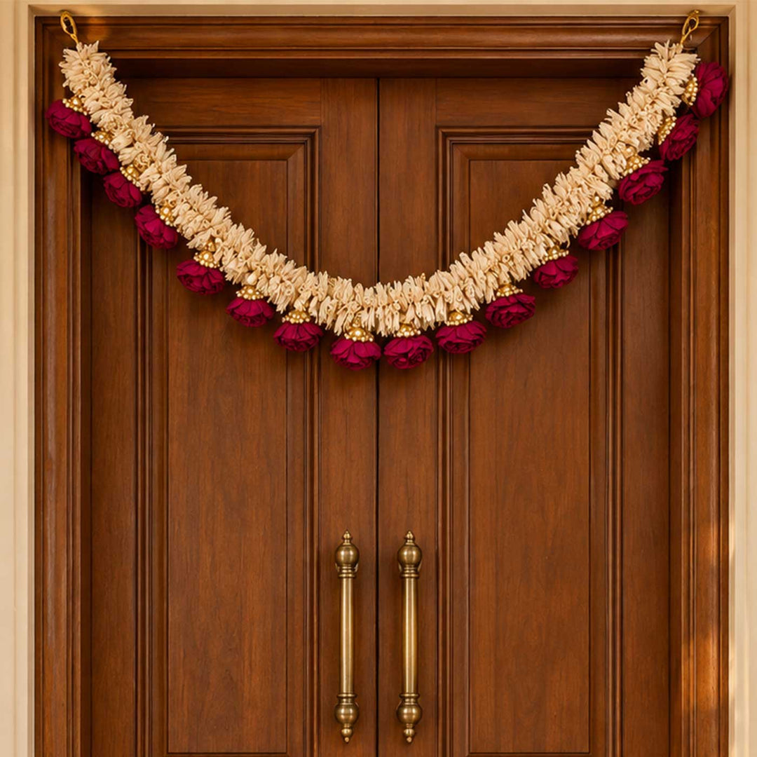 Handmade Gulab Rani Maroon & Ivory Sola Wood Rose Flower Toran with Gold Beads