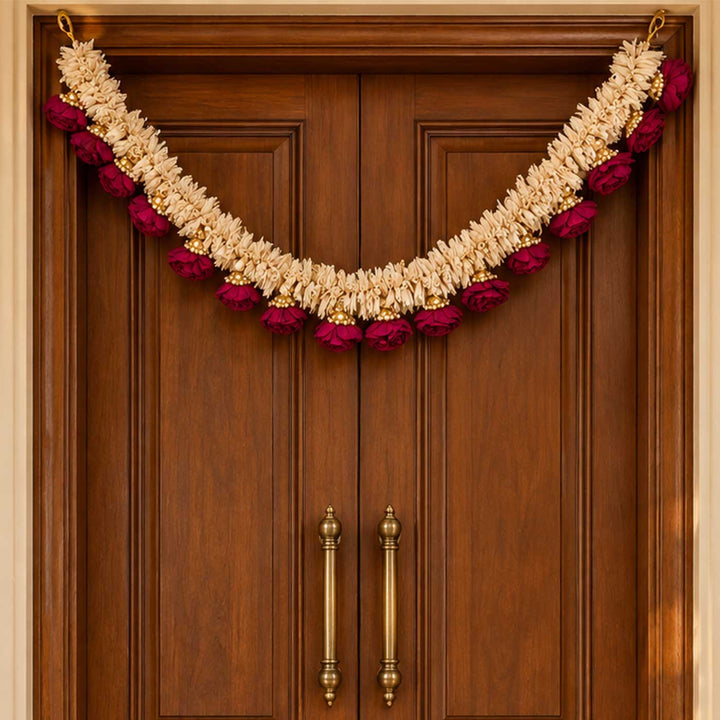 Handmade Gulab Rani Maroon & Ivory Sola Wood Rose Flower Toran with Gold Beads
