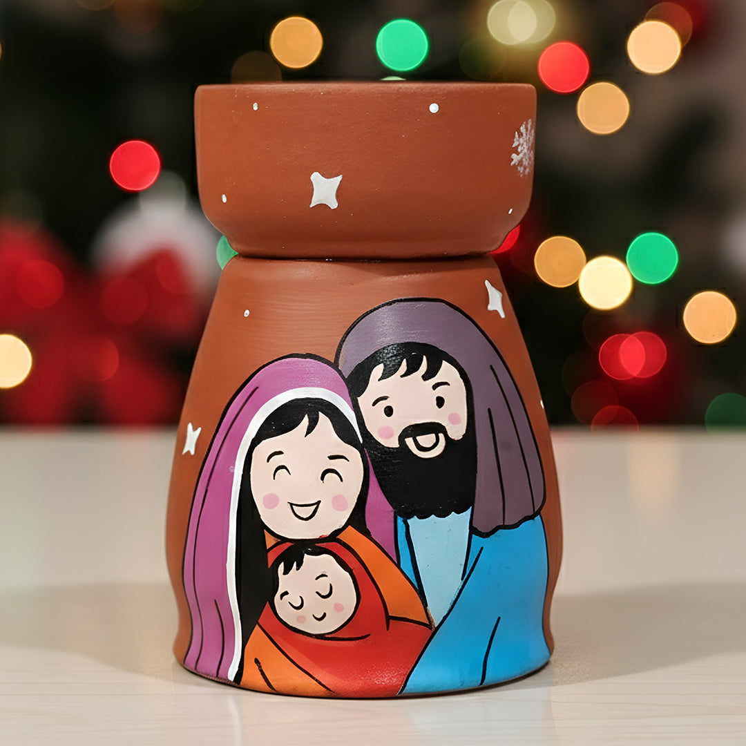 Hand-Painted Holy Family Theme Terracotta Tealight Holder
