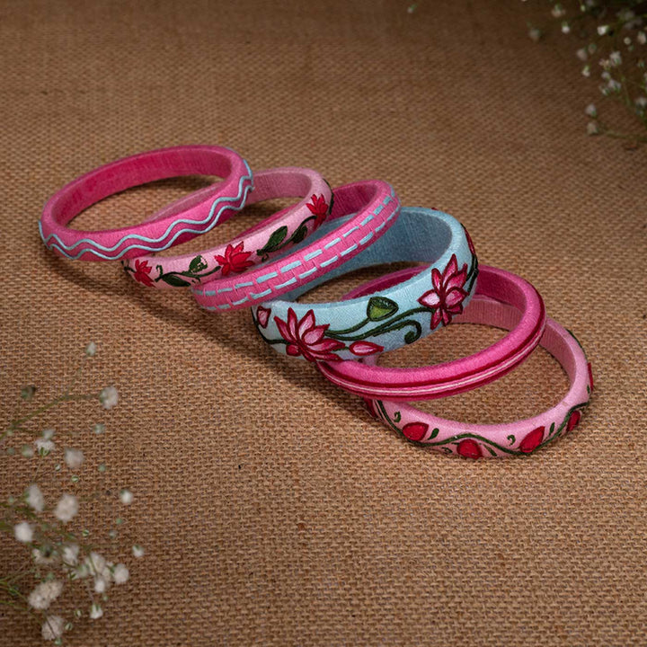 Blue & Pink Handcrafted Lotus Bangles | Set of 6