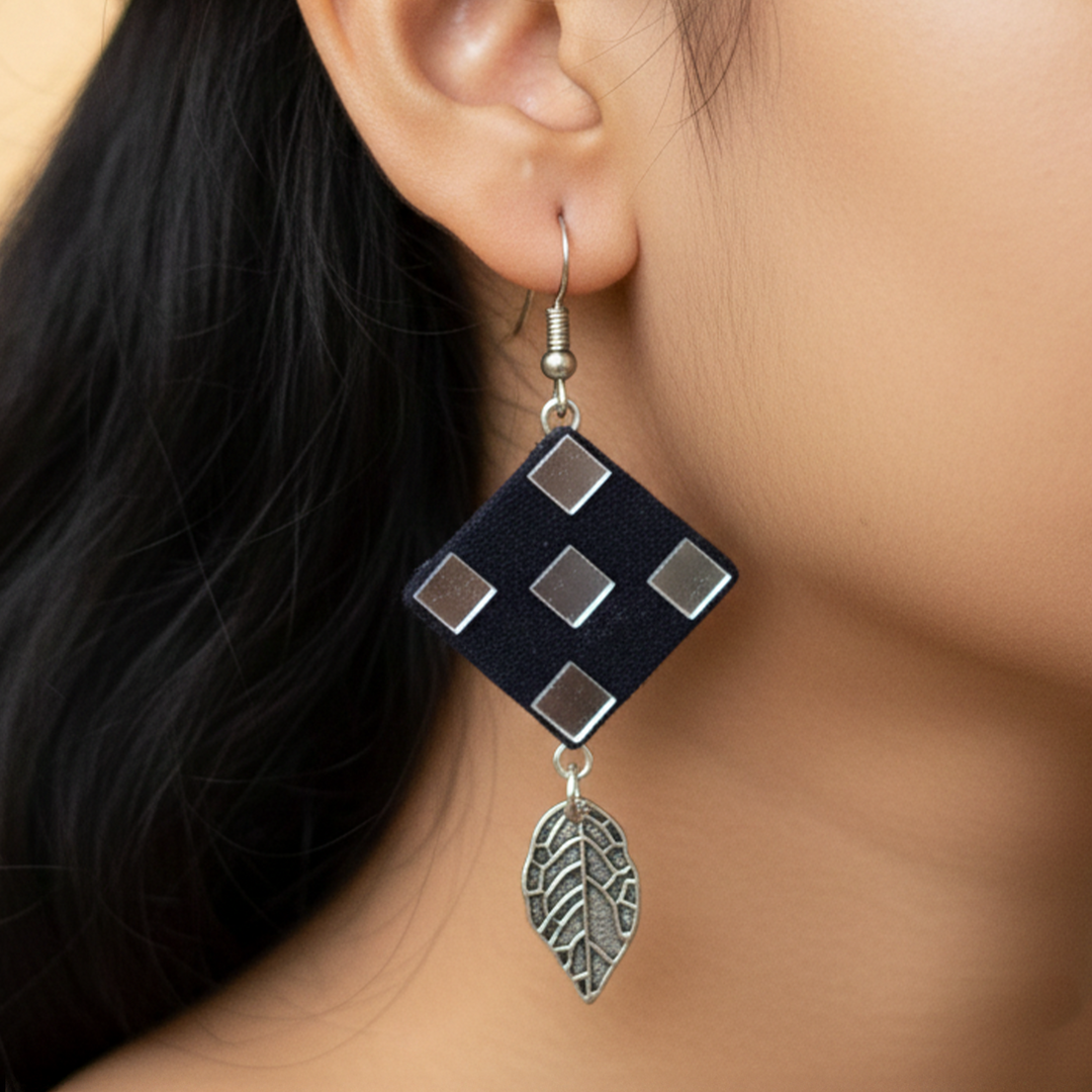 Handmade Mirror Work Leaf Motif Drop Earrings