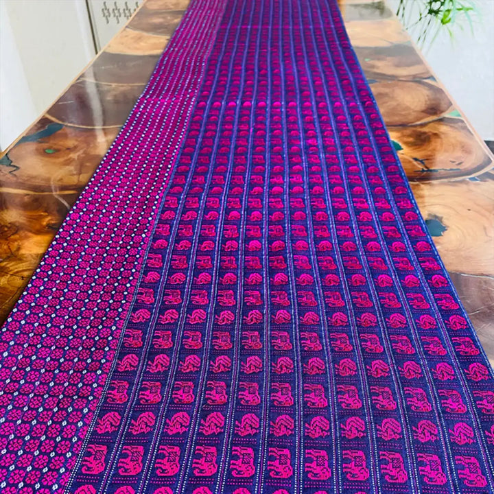 Handmade Purple Elephant & Peacock Design Khunn Fabric Cotton Table Runner | 12 x 60 Inch