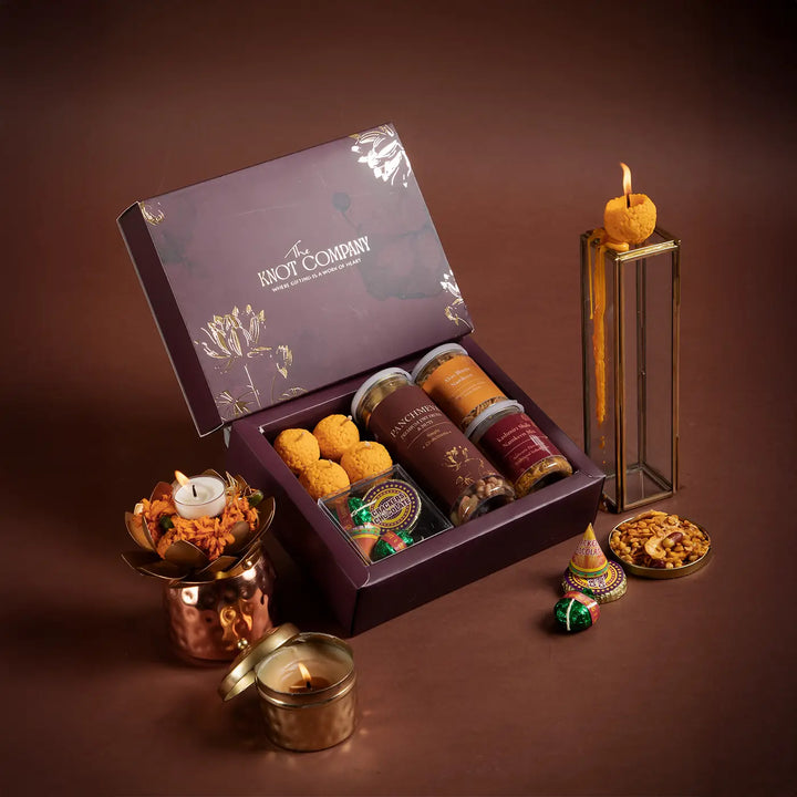 Sweets Savory Diwali Gift Hamper | Includes 1 Panchmeva Dry Fruits, 1 Aloo Bhujia, 1 Kashmiri Shahi Namkeen, 4 Cracker Chocolates, 4 Laddoo Candles, 1 Gift Box