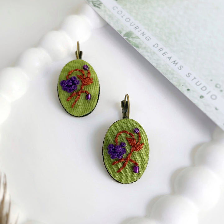 Hand Embroidered Violet Muse Golden Tone Earrings