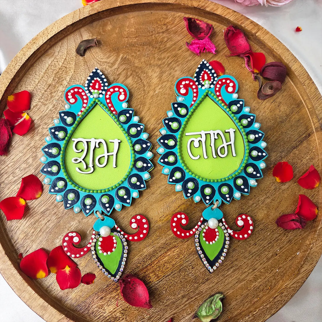 Hand-Painted Dot Art Peacock Theme MDF Wood Shubh Labh Hangings | Set Of 2