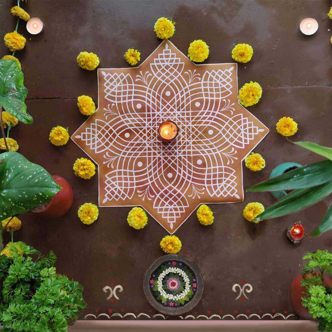24 x 24 Inch | Hand-Painted Aureya Star Kolam Canvas Reusable Rangoli Mat