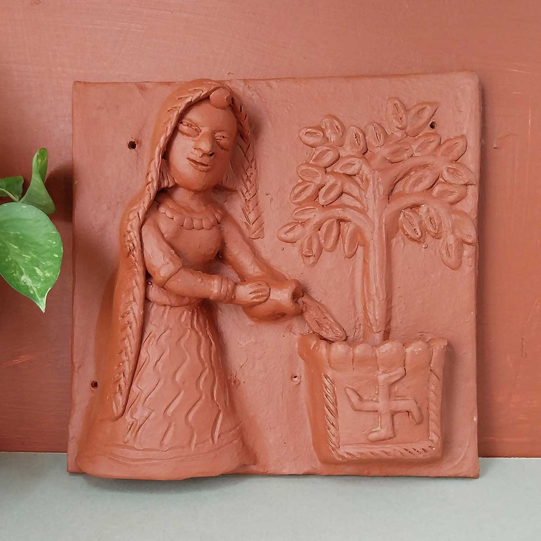 9 x 9 Inch | Village Woman With Tulsi Pot | 3D Handmade Terracotta Molela Mural Wall Art Tile