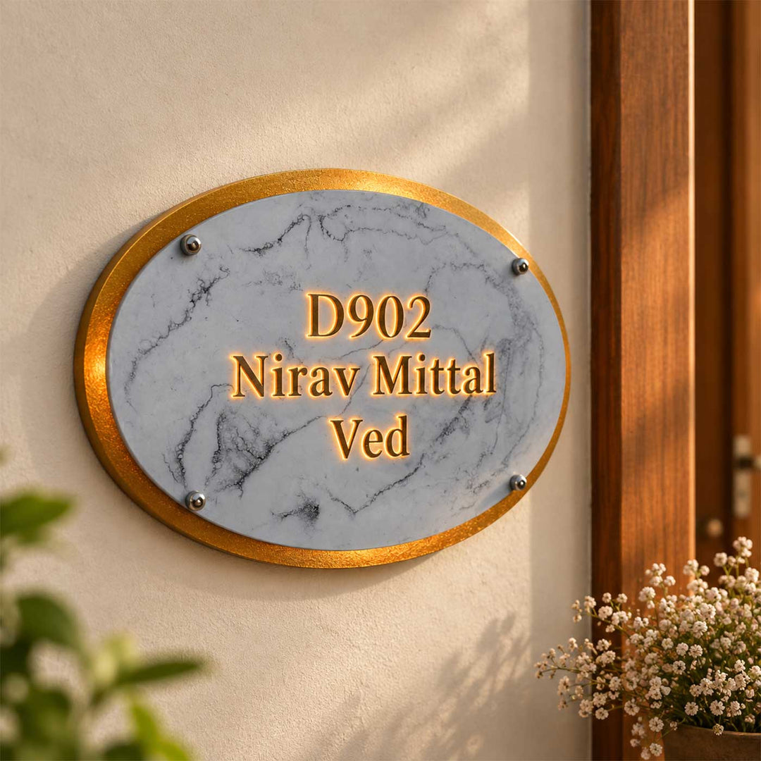 Marble Effect Personalized Led Backlit Handcrafted Epoxy Resin Name Plate With Cut Through Illuminated Lettering For Home