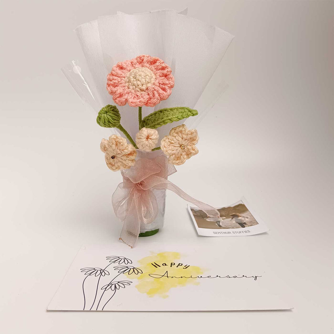 Handmade Crochet Peach & Cream Mini Flower Bouquet | Includes Photo & Greeting Card