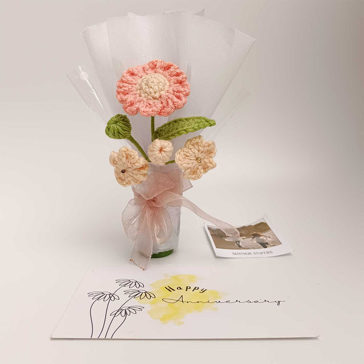 Handmade Crochet Peach & Cream Mini Flower Bouquet | Includes Photo & Greeting Card
