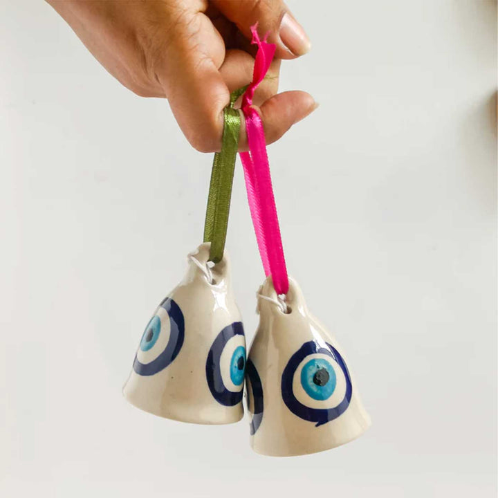 Set of 2 | Handmade Evil Eye Design Ceramic Bell