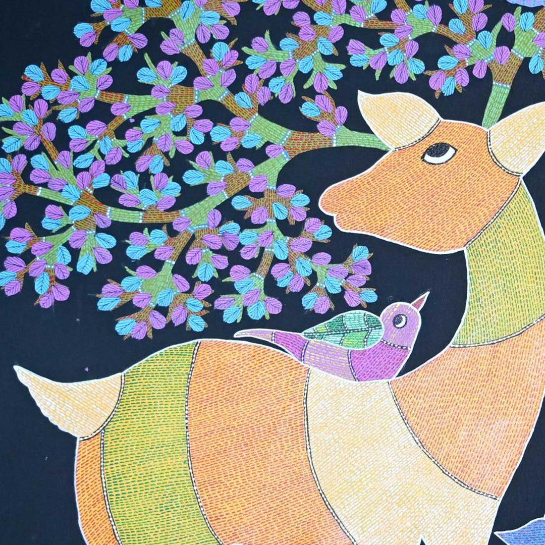 15 x 22 Inch | Birds & Deers | Original Hand Painted Tribal Gond Art Painting | Acrylic Paints On Canvas