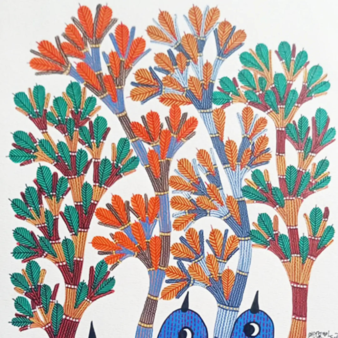 11 x 16 Inch | Blue Birds Under Trees | Original Hand Painted Tribal Gond Art Painting | Acrylic Paint On Paper