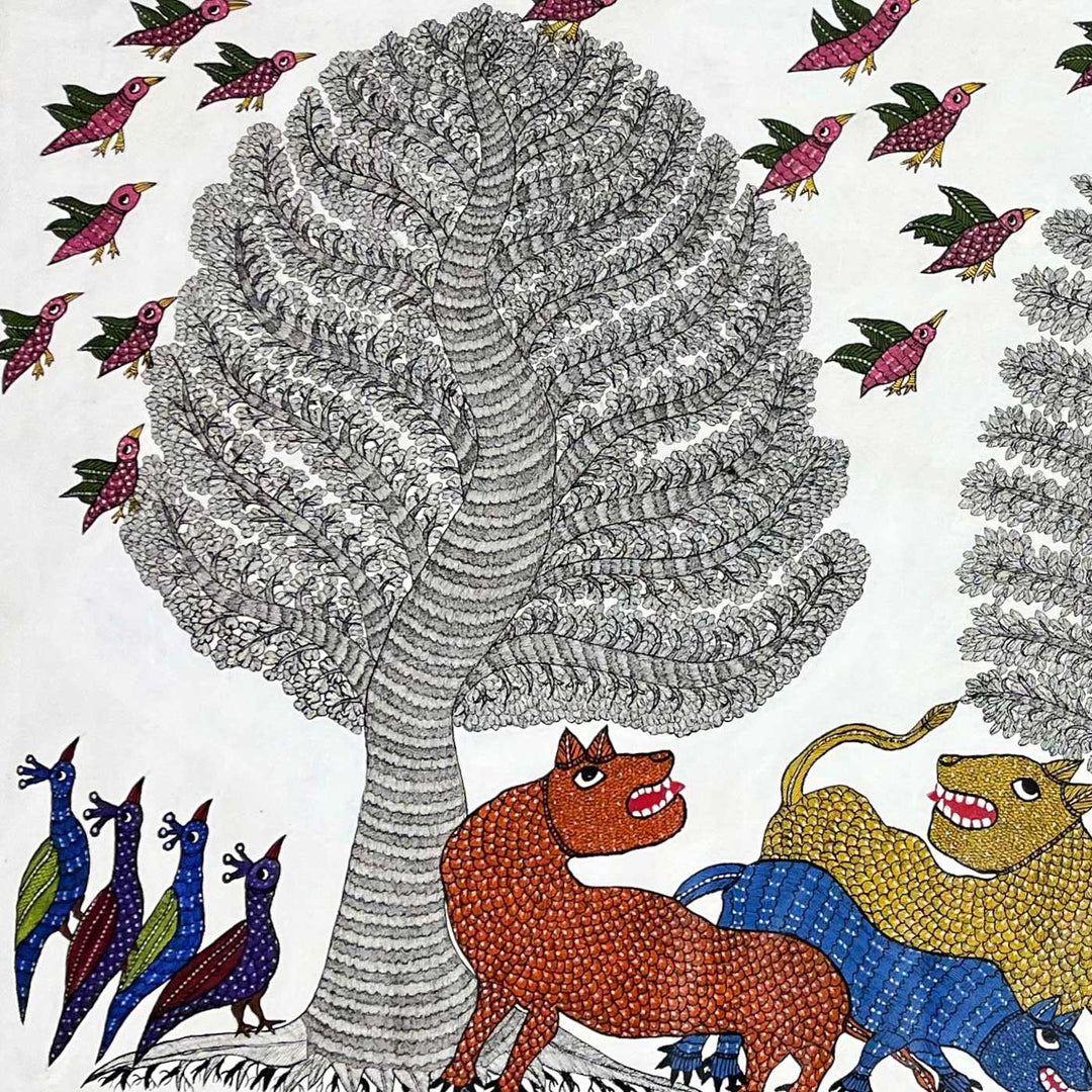 15 x 22 Inch | Nature & Animal behavior | Original Hand Painted Tribal Gond Art Painting | Acrylic Paints On Canvas