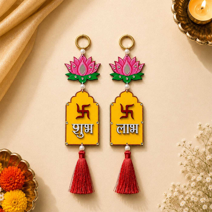 2 Pc | Hand-Painted Mini Jhorkha Lotus Design MDF Shubh Labh Hangings With Tassel
